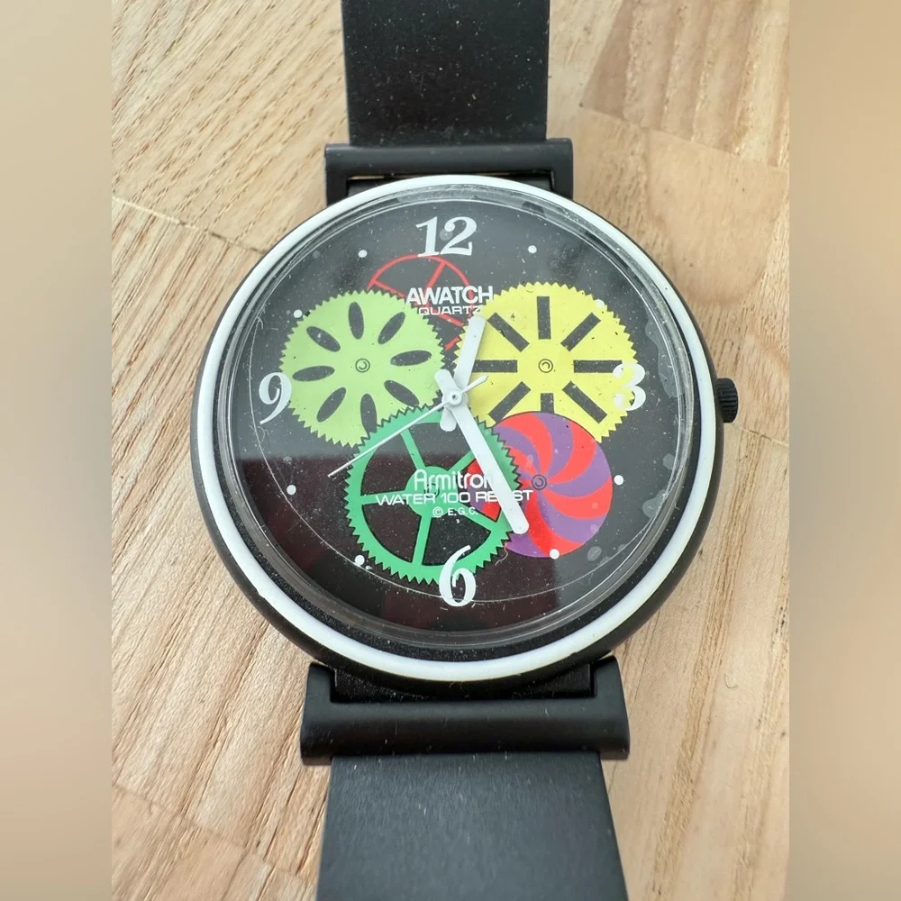 Vintage Armitron AWatch gears design black watch NEW BATTERY